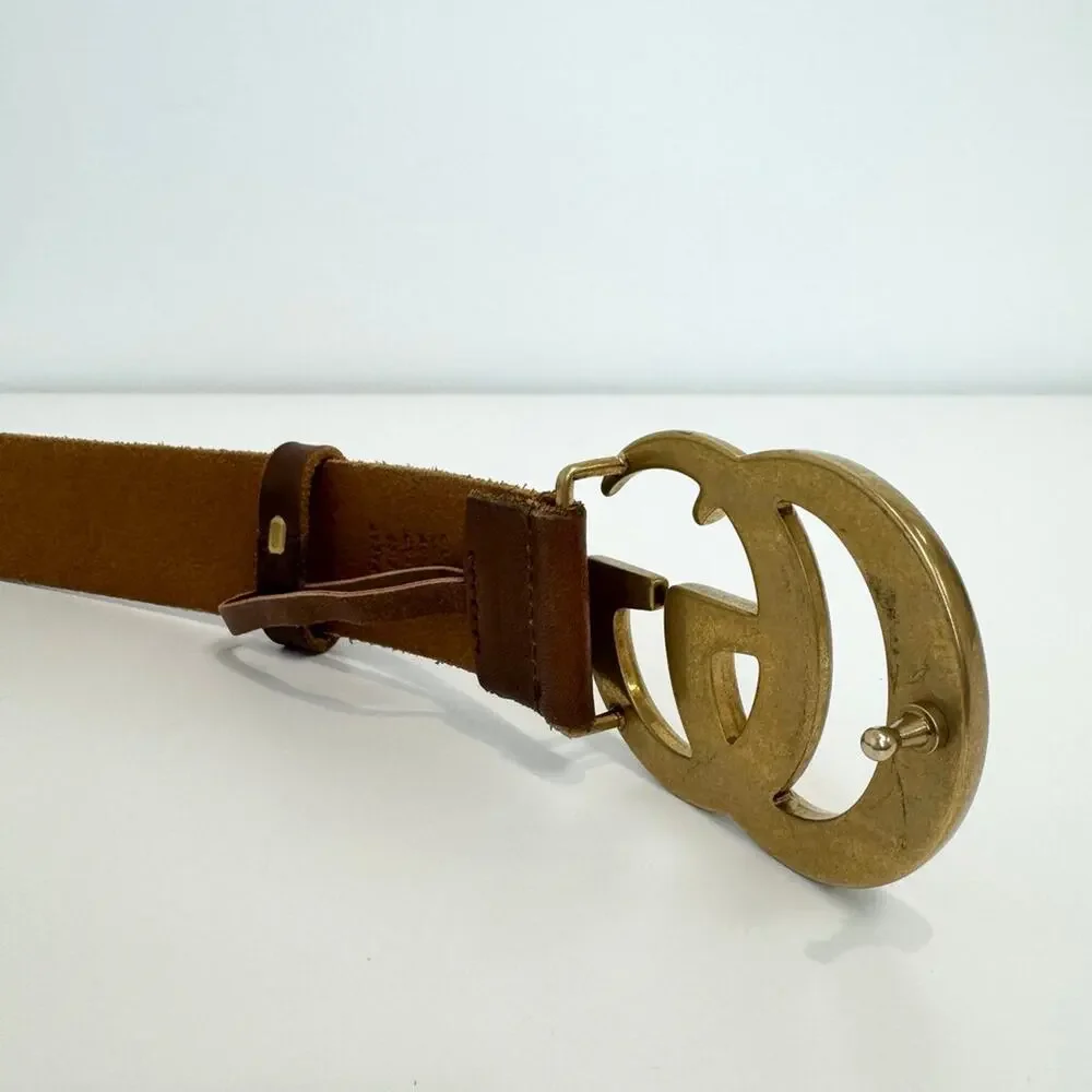 GUCCI Brown Leather Gold Belt GG Marmont Wide Calfskin Adjustable Size 85
